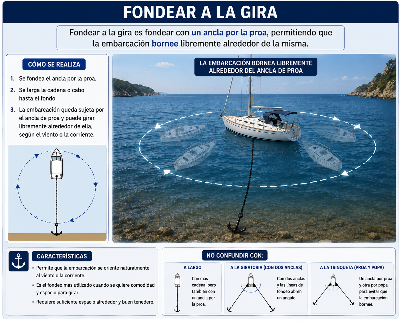 ¿Cuándo se dice que una embarcación fondea a la gira?